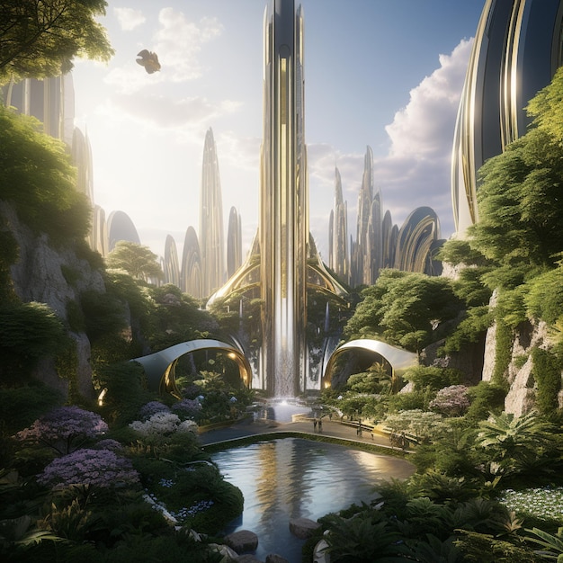 Futuristic Skyscraper in a Lush Oasis