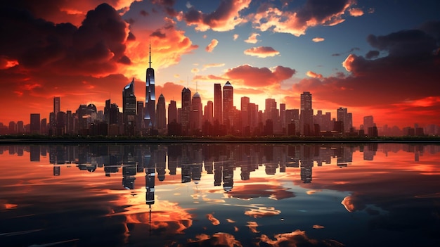 未来的な超高層ビルは、現代の都市景観に明るい夕焼け空を反映します