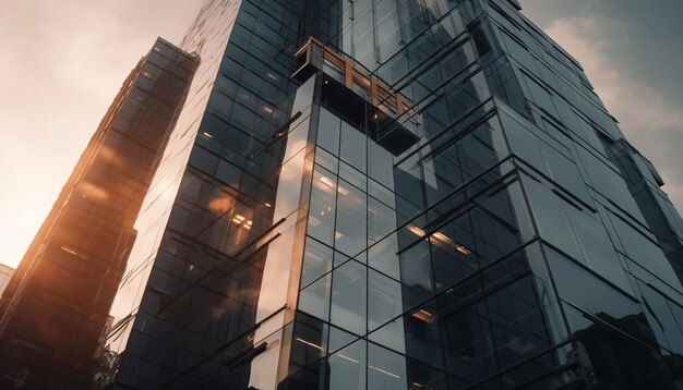 Futuristic skyscraper reflects modern city life in abstract steel pattern generated by AI