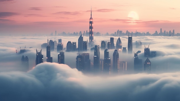 구름을 관통하는 미래의 고층 빌딩
