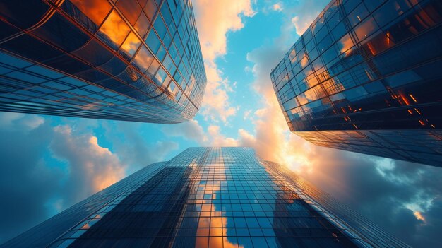 Foto grattacieli futuristici che raggiungono il cielo un paesaggio urbano elegante con accenti metallici e di vetro