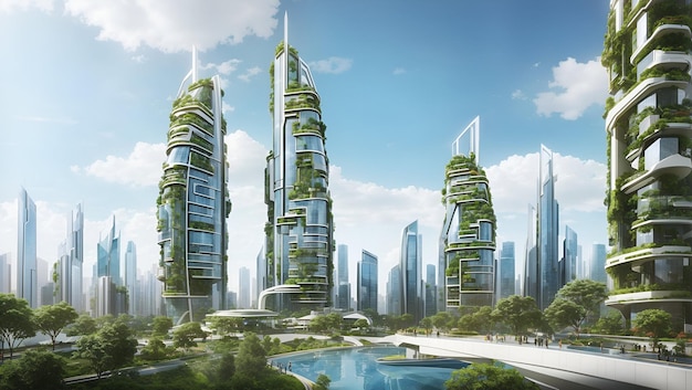 Futuristic skyscrapers with lush greenery integrated into their architecture forming a harmonious