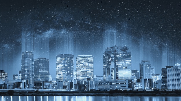 Futuristic smart city at night