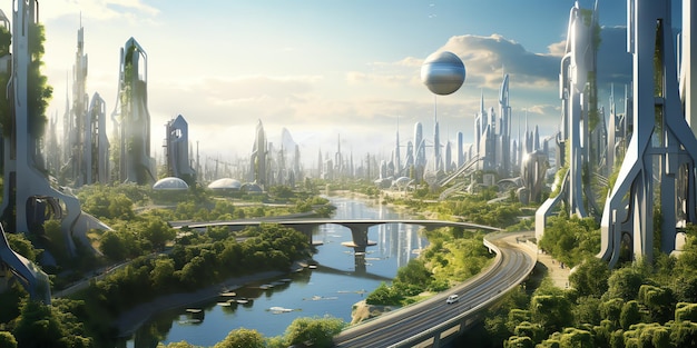 Futuristic smart city with skyscrapers and vegetation