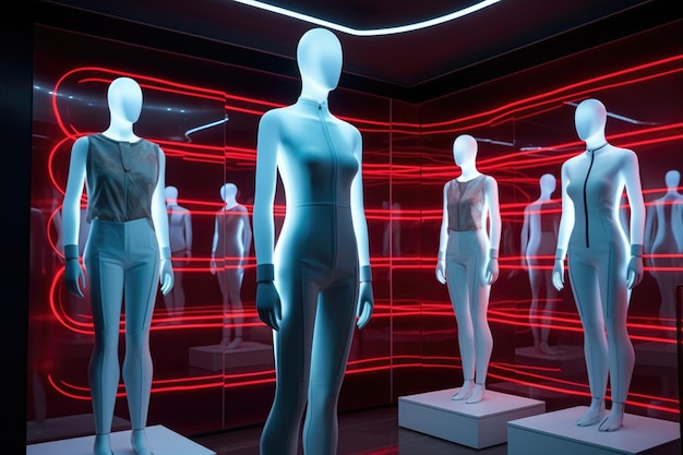 Photo futuristic smart clothing display on mannequins created with generative ai