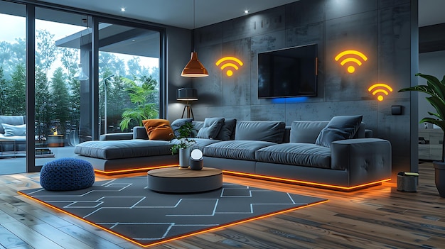 Foto futuristica smart home diversi dispositivi connessi e icone digitali per un'integrazione senza soluzione di continuità
