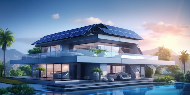 Futuristic smart home a futuristic generic smart home with a rooftop solar panel system for renewabl