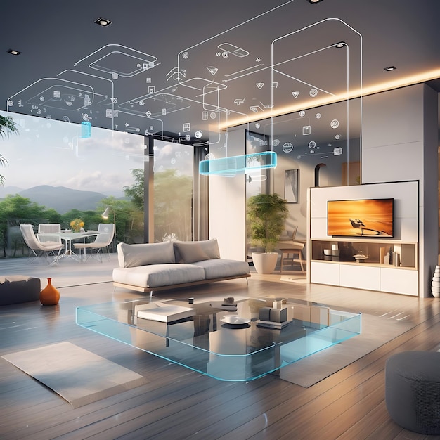 A futuristic smart home interior showcasing interconnected devices and appliances