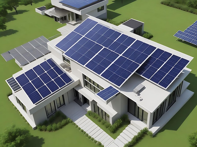 Futuristic smart modern home with solar panels system on rooftop generative ai