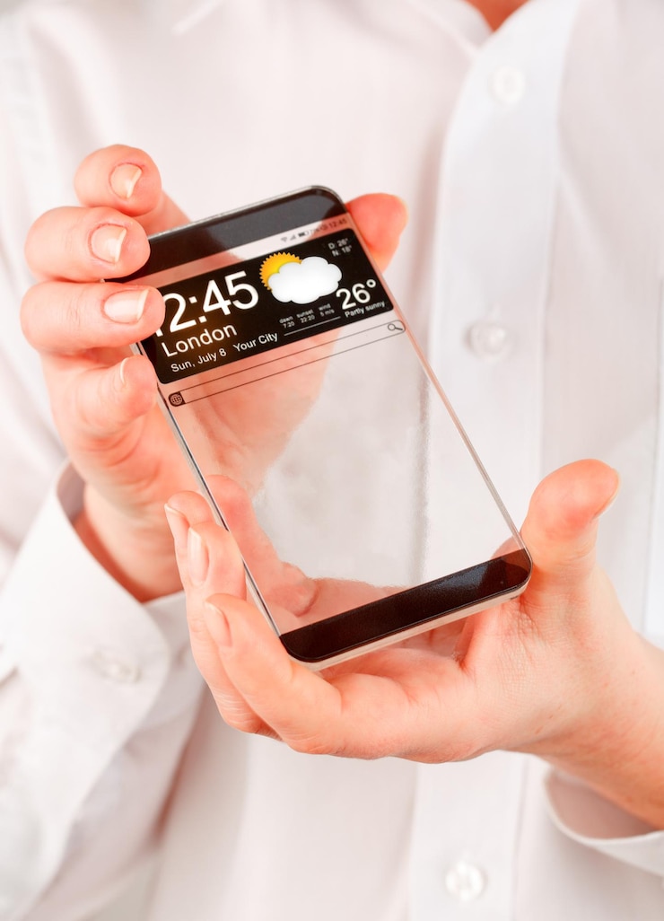 Photo futuristic smart phone (copy space display) with a transparent display in human hands. concept actual future innovative ideas and best technologies humanity.