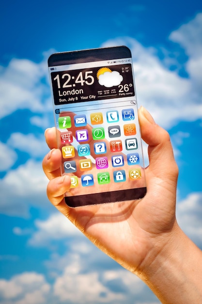 Futuristic Smart phone (phablet) with a transparent display in human hands. Concept actual future innovative ideas and best technologies humanity.