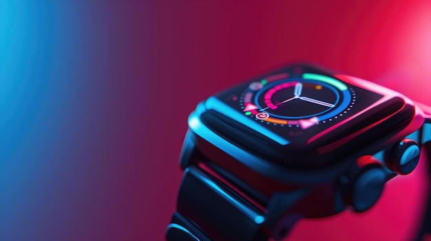 Futuristic smartwatch on a wrist illuminated by neon lights