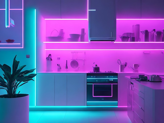 futuristic soft and clean Neon kitchen background