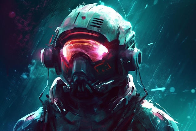 A futuristic soldier in a rain storm