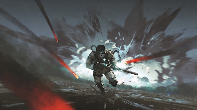 futuristic soldier running away from giant explosion, digital art style, illustration painting