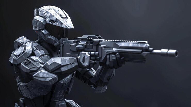 Photo futuristic soldier wearing a helmet and body armor holding a gun