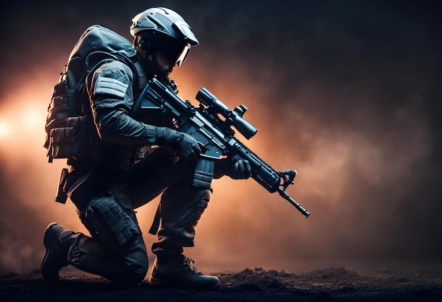 Futuristic soldier with the rifle on dark