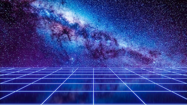 Futuristic space background with retro grid on space background - 3d rendering