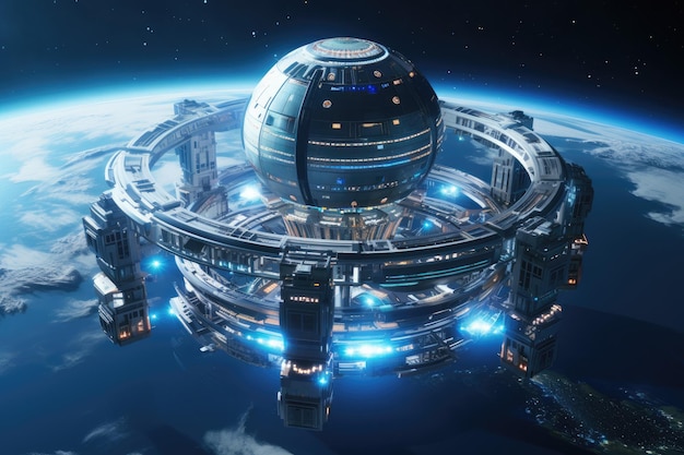 Futuristic space city 3D rendering elements of this image furnished by NASA A space station orbiting a planet with a digital wave advanced technology and holographic displays AI Generated