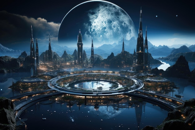 Futuristic space city d rendering elements of this image furnished by nasa a space station orbiting