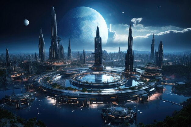 Futuristic space city d rendering elements of this image furnished by nasa a space station orbiting