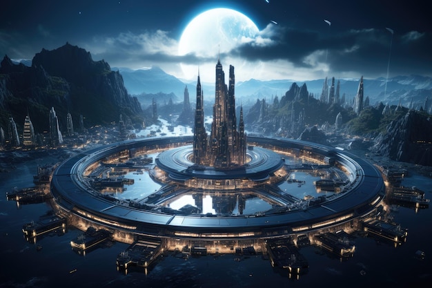 Futuristic space city d rendering elements of this image furnished by nasa a space station orbiting