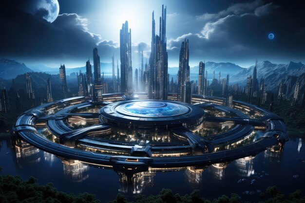 Futuristic space city d rendering elements of this image furnished by nasa a space station orbiting