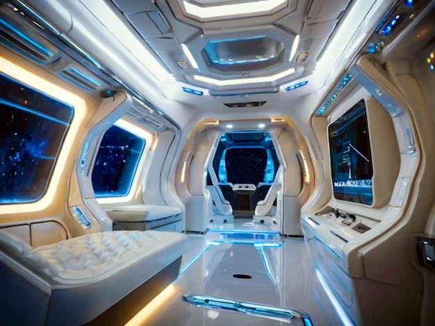 A futuristic space cruiser interior with a couch and a window