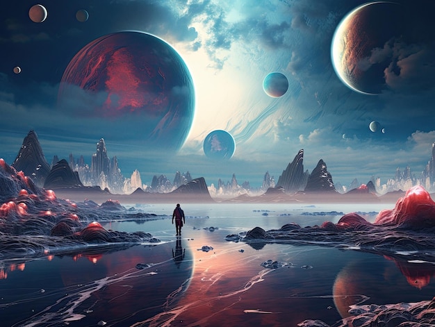 Futuristic space landscape planets stars and galaxy concept