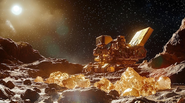 futuristic space rover exploring the rocky lunar surface with distant planet visible in the sky space exploration extraterrestrial vehicle scientific mission cosmic landscape generative ai