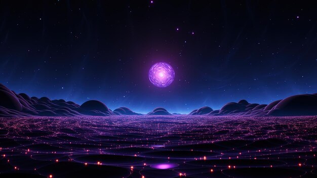 紫色の惑星と小惑星の未来的な宇宙シーン 超現実的な宇宙風景