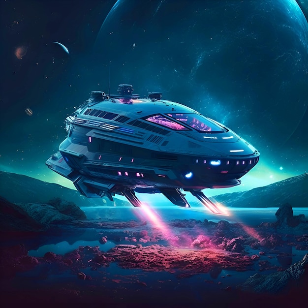 Futuristic space ship in the deep space 3d rendering