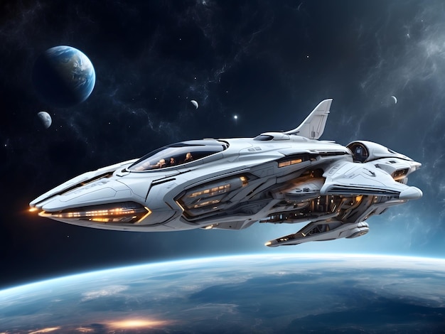 Futuristic space ship flying in space for space exploration or alien scifi concepts