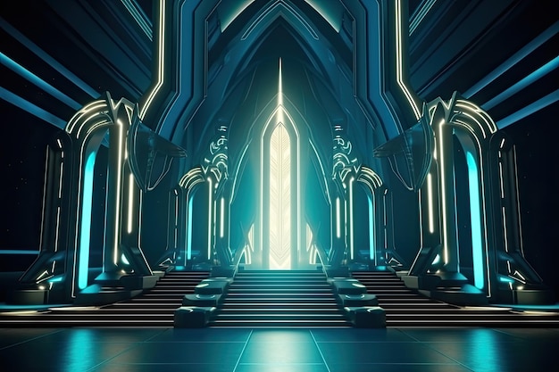 Futuristic space stage with futuristic pillars and lights Generative Ai