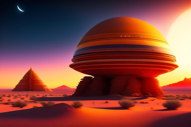 Futuristic space station on alien planet Abstract palace on the moon at sunset Desert landscape