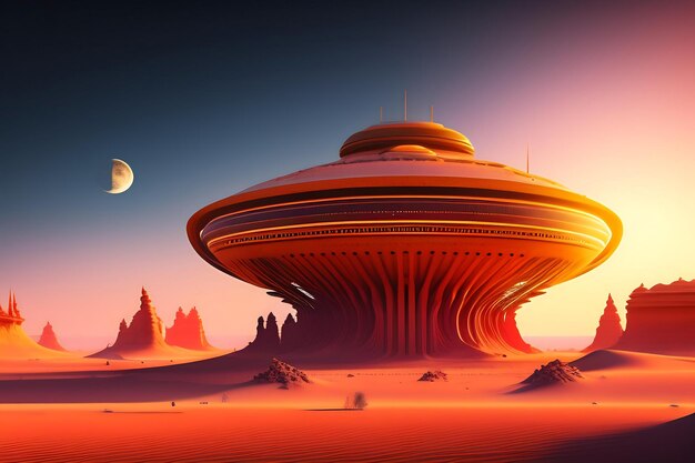 エイリアンの惑星の未来的な宇宙ステーション日没時の月面の抽象的な宮殿砂漠の風景