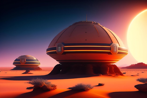 Futuristic space station on alien planet Abstract palace on the moon at sunset Desert landscape