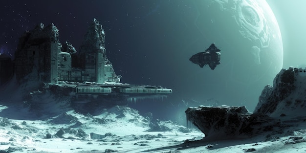 Foto futuristic space station on icy planet resplendent