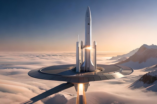 A futuristic space station is in the clouds