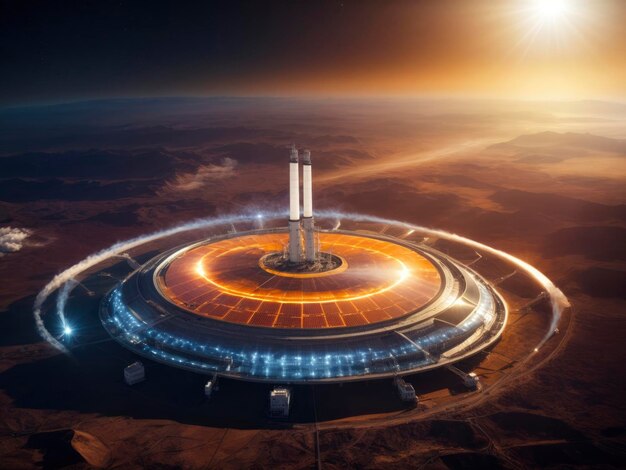 A futuristic space station in the middle of the desert with a sun in the background