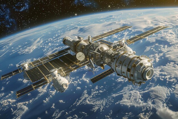 Futuristic space station orbiting a distant planet