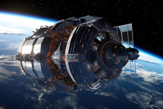 A futuristic space station with flashing lights and sleek design orbiting the earth