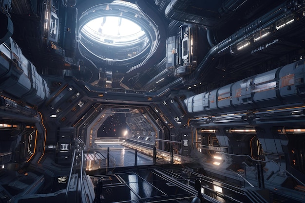 A futuristic space station with open and airy interiors surrounded by the expanse of the universe