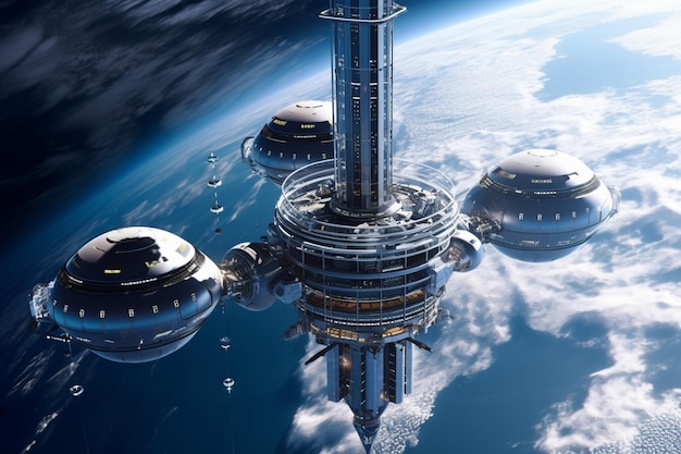 배경에 행성이 있는 미래형 우주 정거장.