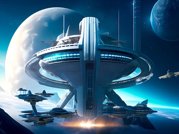 A futuristic space station with sleek and innovative architecture set against the backdrop of