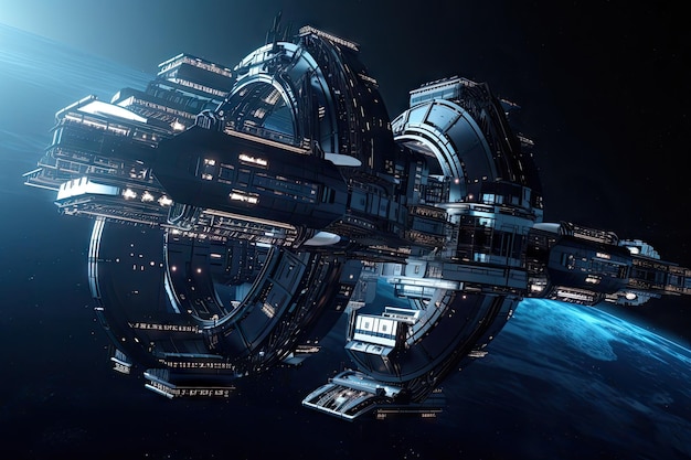 Futuristic space station with sleek modern design floating among the stars