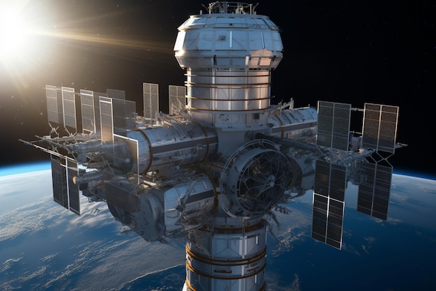 Photo a futuristic space station with solar panels and antennas showcasing human innovation