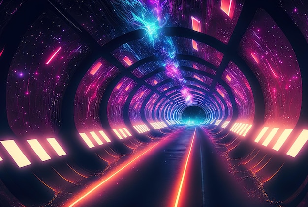 きらびやかな光がきらめく未来の宇宙をテーマにしたトンネル