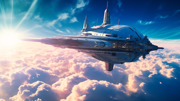 A futuristic spaceship over clouds in the city in the style of train core seamlessly integrating technology and nature