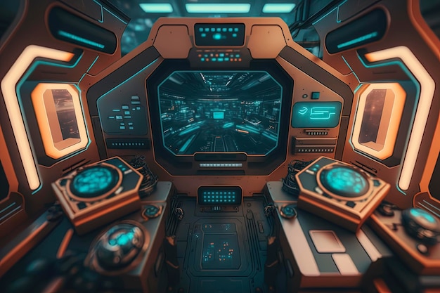 Футуристический интерьер кабины космического корабля Будущие технологии панелей управления космическими кораблями